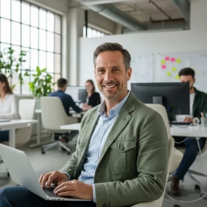homme souriant qui consulte ses émails