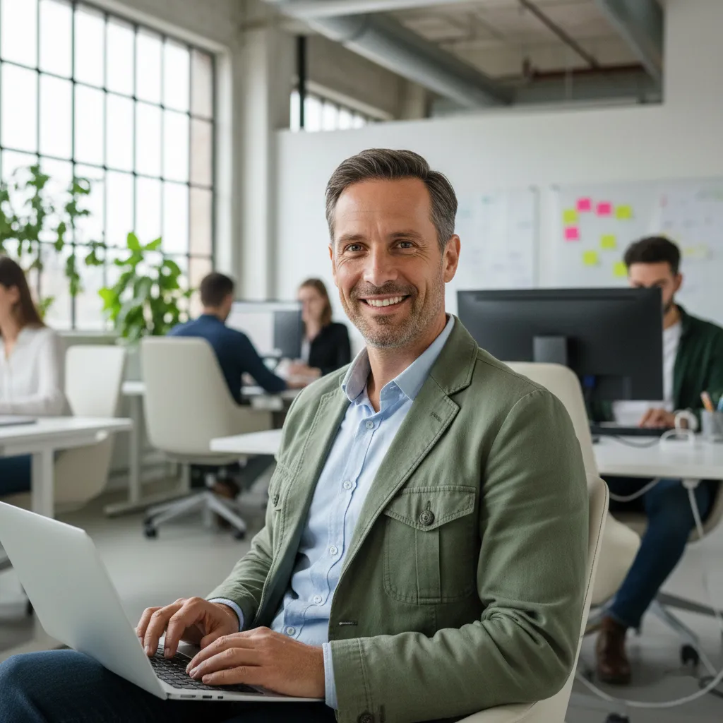homme souriant qui consulte ses émails